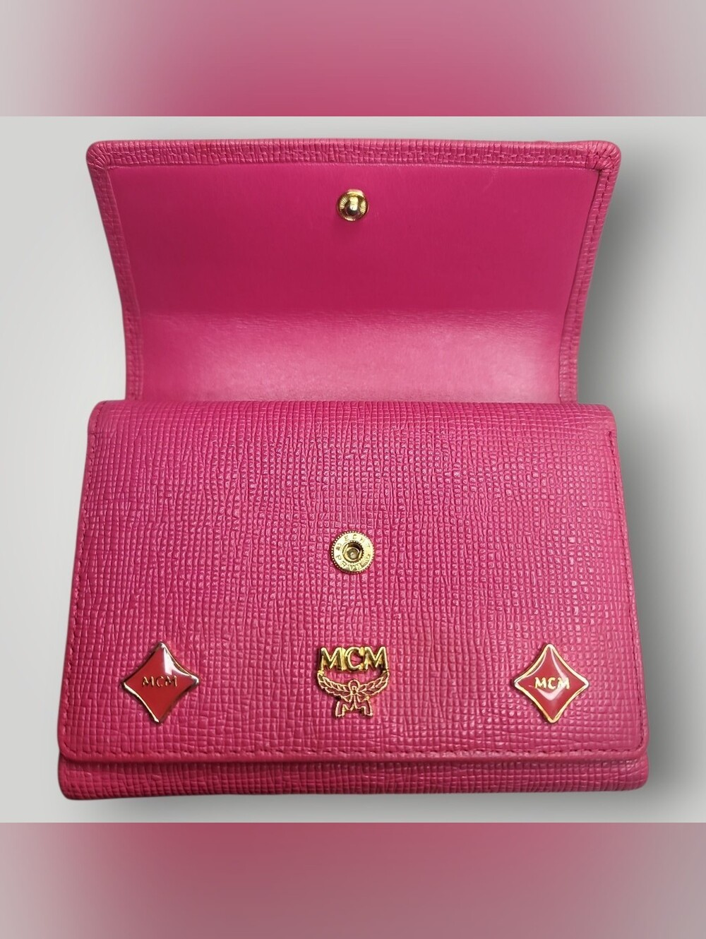 MCM Hot Pink Leather Trifold Wallet Charm Detail In Great Condition - Picture 6 of 16